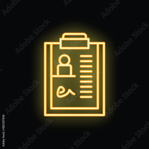 Yellow neon icon of a clipboard showing a curriculum vitae with a signature