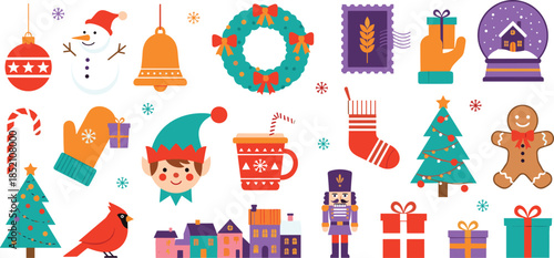 Big collection of colorful Christmas vector icons including nutcracker, snowman, wreath, gingerbread man, and gift boxes for festive holiday design projects.