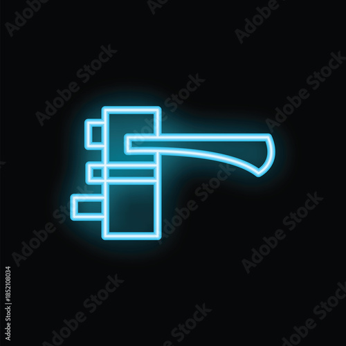 Bright blue neon door handle shining on a dark wall, great for safety and security concepts