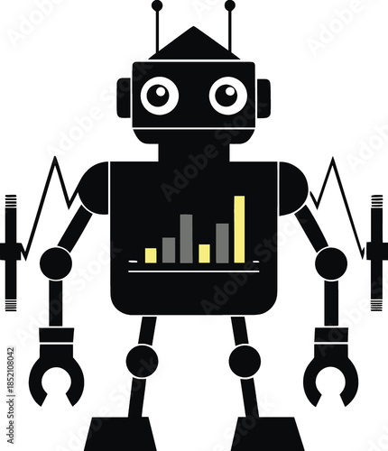 Black robot with graph on chest isolated on white background