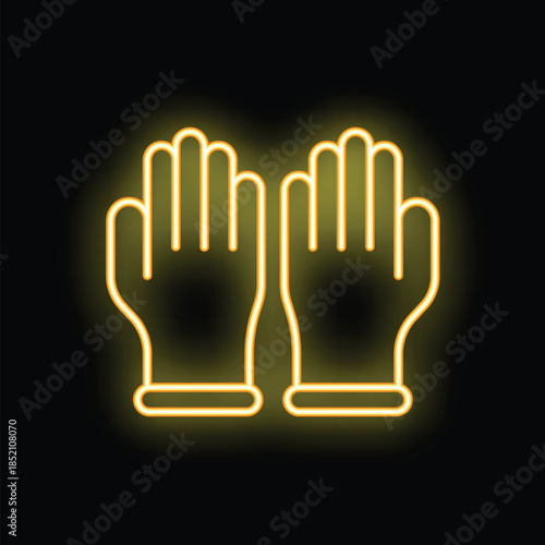 Glowing yellow neon icon of a pair of hands wearing protective gloves on a black background