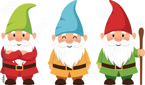 Set of three cute cartoon gnomes wearing colorful pointed hats and tunics isolated on white background for garden or holiday design.