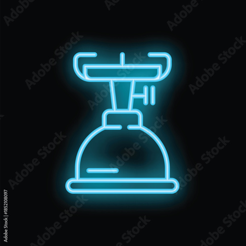 Glowing neon icon of a camping stove with gas burner, perfect for outdoor and adventure themed projects