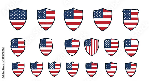 Diverse set of patriotic shield emblems, each featuring the iconic design of the United States flag, symbolizing national pride, security, and enduring American heritage and values