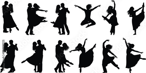 Dance silhouettes, ballroom couple, ballet pose, expressive movement, elegant dancers, black figures, white background, artistic choreography, graceful motion, diverse styles, performance art, rhythm