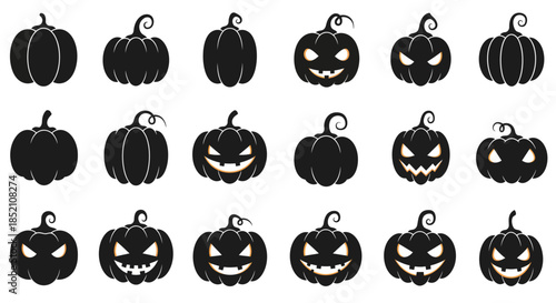Collection of Halloween pumpkin silhouettes and various carved jack-o'-lantern faces, perfect for festive graphic design elements, autumn decorations, and seasonal holiday projects