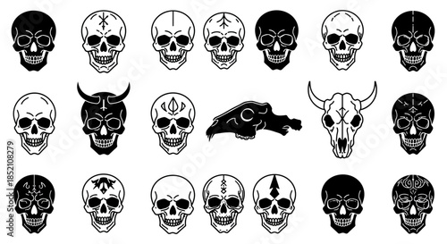 Intricate vector illustration set of diverse skulls, including human, animal, and horned designs, with dark, gothic, and symbolic elements, ideal for macabre art and mystic themes