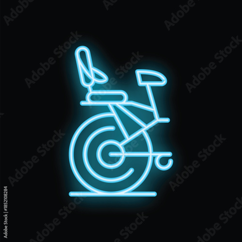 Blue neon sign illuminating a stationary exercise bike on a black background