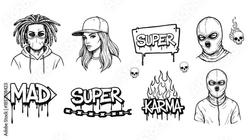 Black and White Street Art Graffiti Skulls and Characters