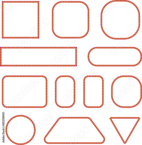 Orange stitched outline shapes and rounded frames set. Decorative geometric borders with handmade dotted texture. Creative UI elements for web design, apps and modern graphic layouts.