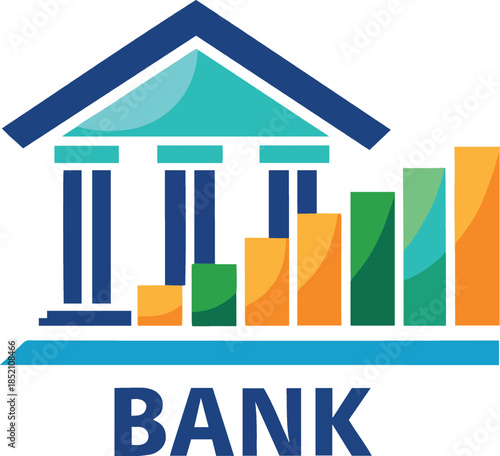 A colorful bank building icon with a bar graph on a white background