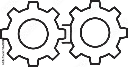 A simple black and white illustration of two interlocking gears, representing partnership, teamwork, and the integration of different components or ideas to achieve a common goal.