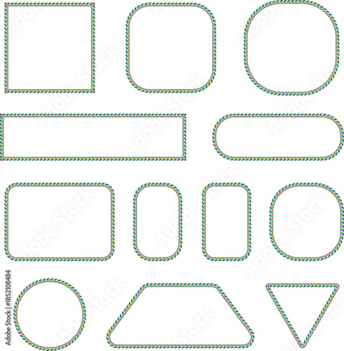 Green stitched outline shapes and rounded frames set. Decorative geometric borders with handmade dotted texture. Creative UI elements for web design, apps and modern graphic layouts.