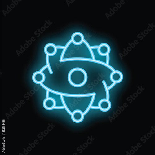 Neon blue atom icon is glowing on a dark background, representing concepts of science, technology, and atomic energy