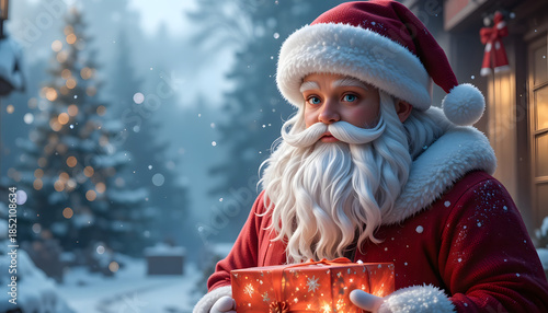 Santa Claus holding a glowing gift box on a snowy Christmas evening