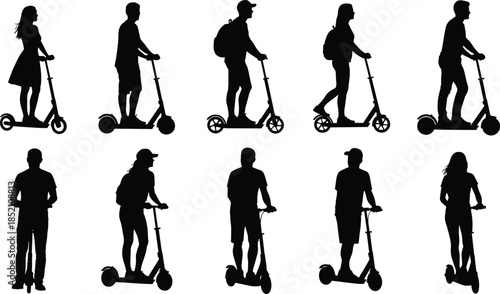 Silhouette people riding electric scooters, urban commute lifestyle, eco transport, city travel mobility, modern transportation illustration, personal vehicle concept, black vector design
