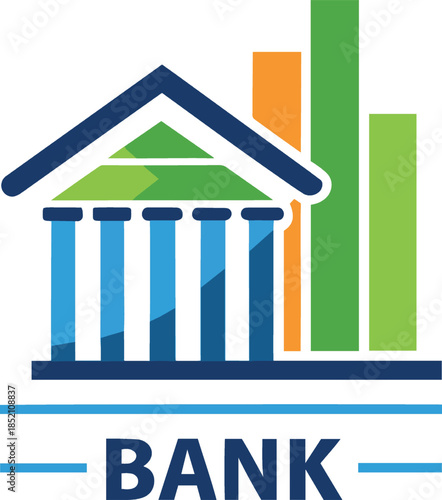 Colorful bank building logo with columns and bars graph isolated on white background