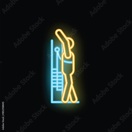 Neon illustration of a construction worker wearing overalls and a hardhat climbing a ladder on a black background