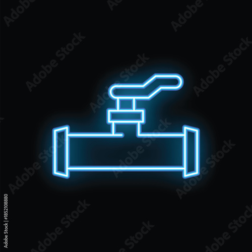 Neon blue valve on pipeline controlling liquid flow on black background
