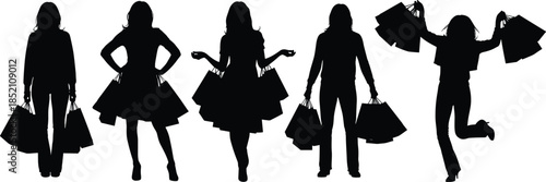 Silhouette of women shopping with bags, fashion consumer illustration, retail lifestyle vector, happy shoppers artwork, stylish purchase design concept