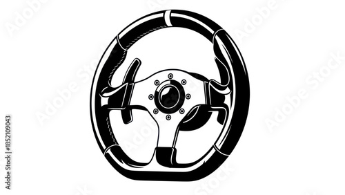 Stylized Black and White Illustration of a Racing Steering Wheel.
