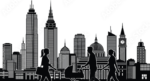 Silhouette of urban city skyline with pedestrians and family walking with baby stroller, vector illustration.