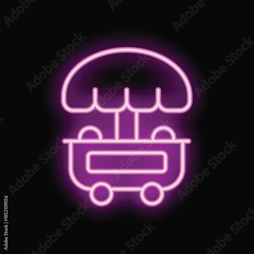 Bright glowing purple neon sign depicting a street food cart with an umbrella on a black background