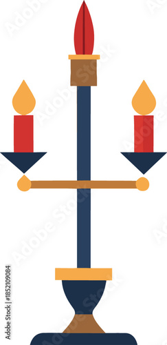 A colorful illustration of a three branched candelabra with red candles