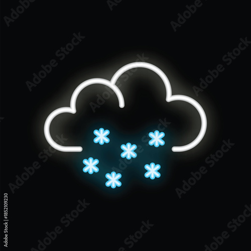 Bright neon icon of a cloud producing snowflakes, on a black background
