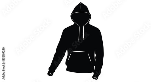 A dark hooded figure stands out against the white background a striking silhouette