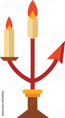 A cartoonish illustration of a devilish candelabra with two candles on white background