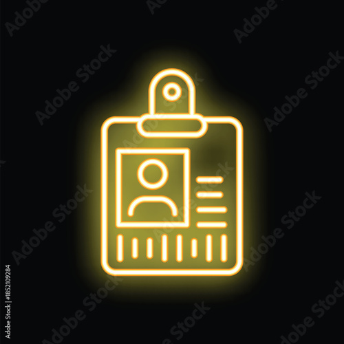 Yellow neon icon depicting an identification card hanging from a clip