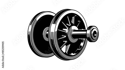 Detailed illustration of a train wheel and axle assembly.