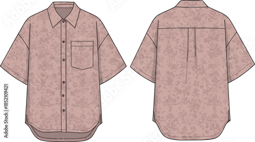 Short sleeve button-up shirt, fashion flat sketch, technical drawing, floral pattern, curved hem, chest pocket, yoke pleat, apparel design