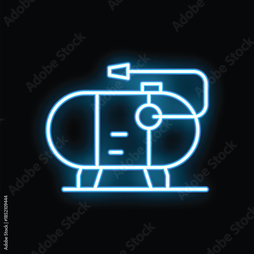 Blue glowing neon icon of an industrial air compressor on black background