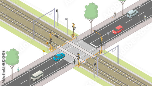 アイソメトリック図法で描いた開いている踏切のイメージB / Japanese railroad crossing. Isometric illustration
