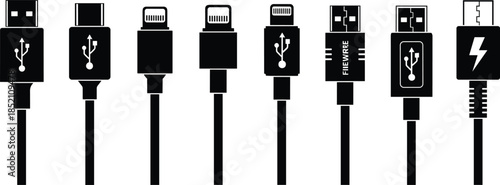 Set of various USB cable connectors, charging ports, and data transfer interfaces, black vector icons isolated on white background.