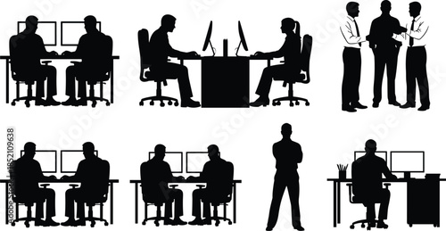Set of office worker silhouettes, people sitting at computer desks and standing, business team discussion, vector illustration collection, workplace scenes