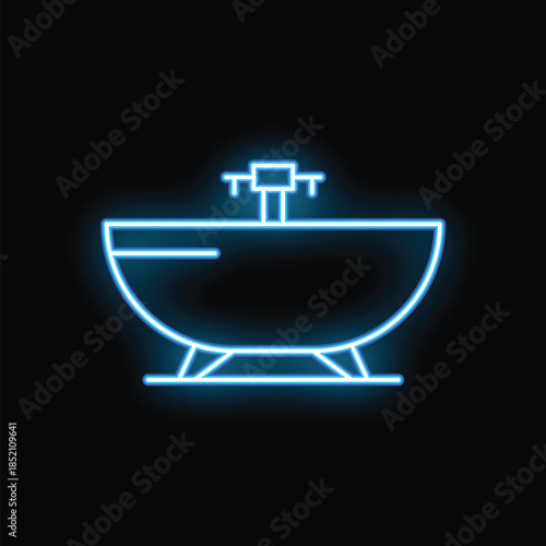 Blue neon sign of a bathtub is glowing on a black background