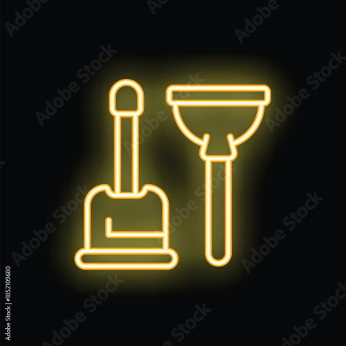Yellow neon sign representing a plunger and a toilet brush, perfect for highlighting plumbing services or bathroom maintenance