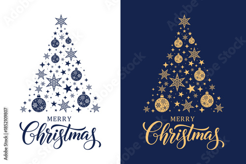 Elegant Merry Christmas greeting card set featuring stylized star Christmas trees on blue and gold backgrounds, festive typography and decorative stars, perfect for holiday cards, invitations.