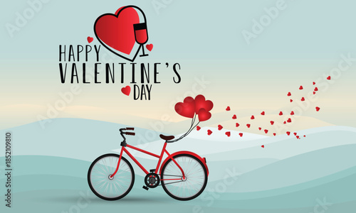 Valentine s day promotion with pink hearts clouds and a fifty percent discount, bicycle on the beach