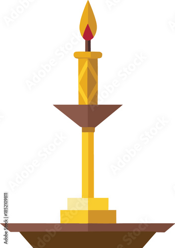 Traditional indian clay lamp with a lit wick on isolated white background