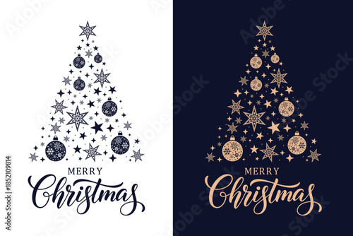Elegant Merry Christmas greeting card set featuring stylized star Christmas trees on blue and gold backgrounds, festive typography and decorative stars, perfect for holiday cards, invitations.