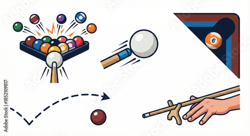 A dynamic collection of billiard game elements showcasing the thrilling action, precision, and strategy involved in playing pool