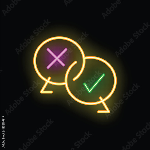 Glowing neon speech bubbles showing check and cross marks representing decision making, agreement and disagreement