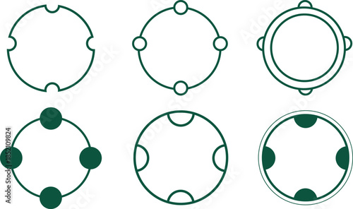 Six green circular gasket designs isolated on transparent background