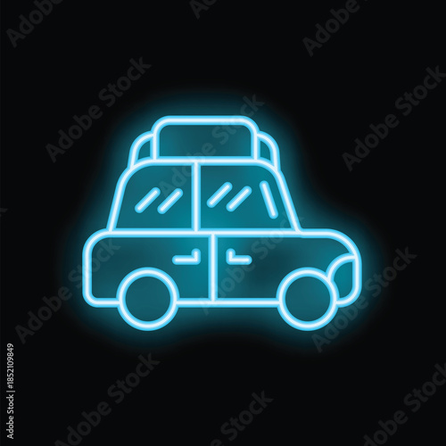 Bright glowing blue neon sign depicting a classic taxi cab, potentially waiting for passengers to pick up