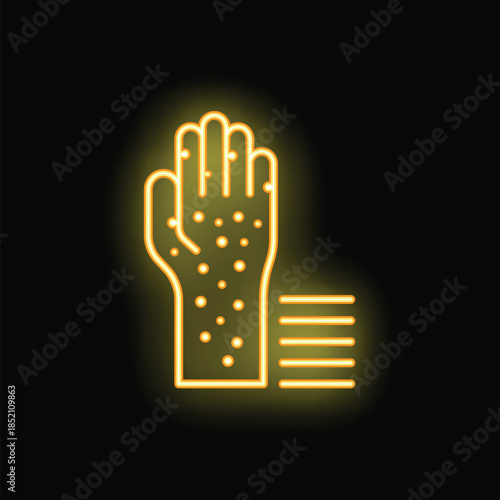 Yellow glowing neon icon of a hand with a spotty rash, indicating measles symptoms