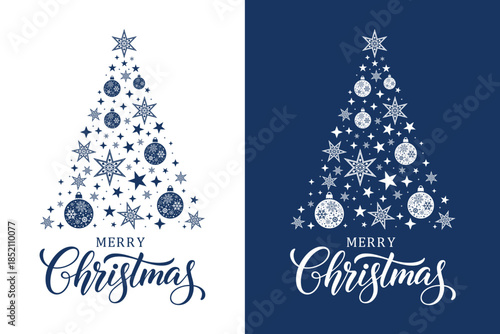  Elegant Merry Christmas greeting card set featuring stylized star Christmas trees on blue and white backgrounds, festive typography and decorative stars, perfect for holiday cards, invitations.
